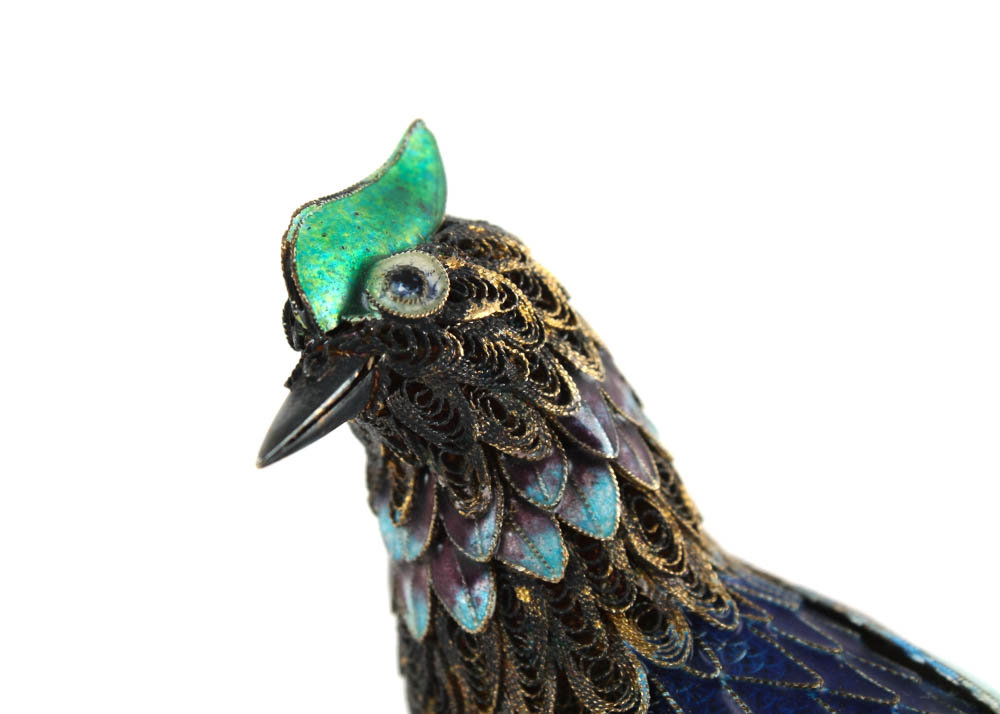 Antique Sterling Silver and Enamel Bird with Jade Insets and Base