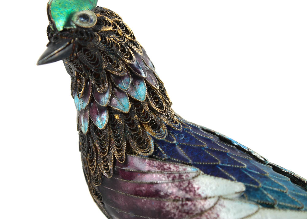 Antique Sterling Silver and Enamel Bird with Jade Insets and Base
