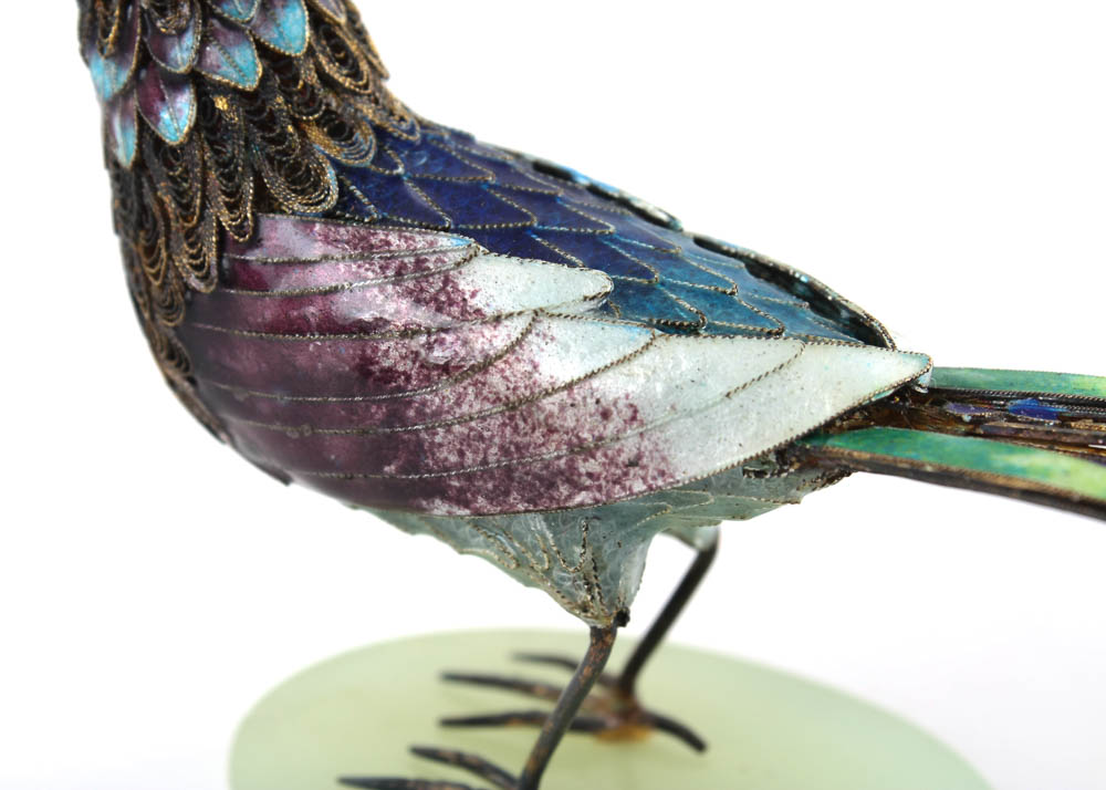 Antique Sterling Silver and Enamel Bird with Jade Insets and Base
