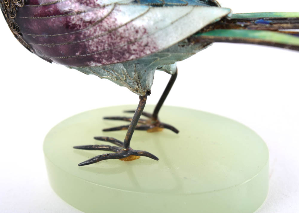 Antique Sterling Silver and Enamel Bird with Jade Insets and Base