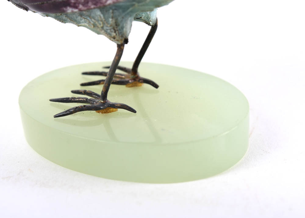 Antique Sterling Silver and Enamel Bird with Jade Insets and Base