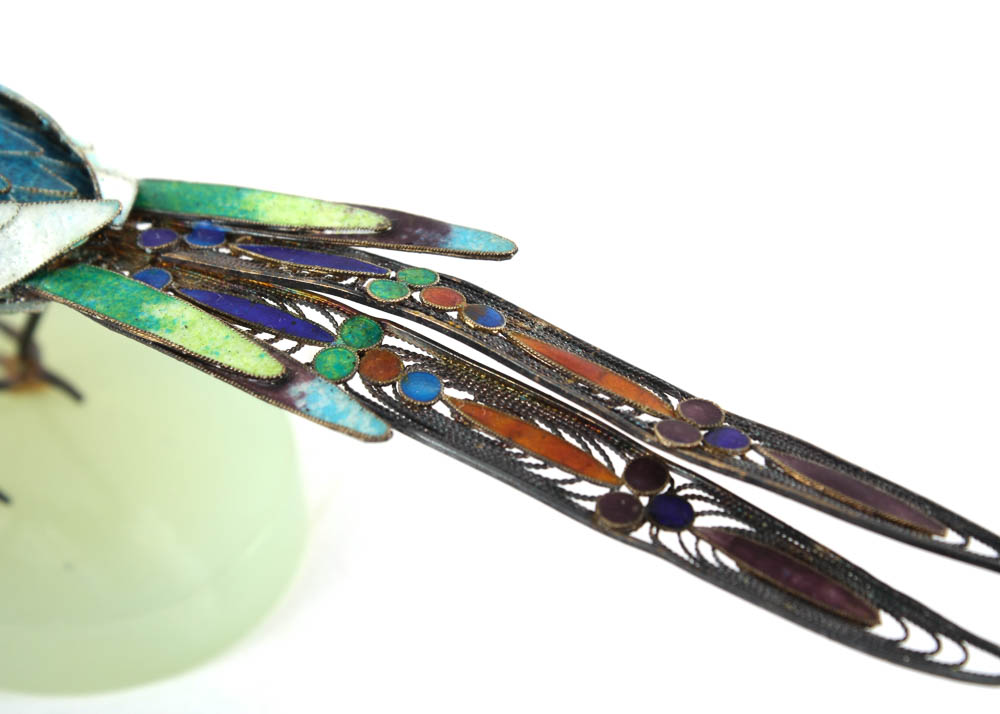 Antique Sterling Silver and Enamel Bird with Jade Insets and Base