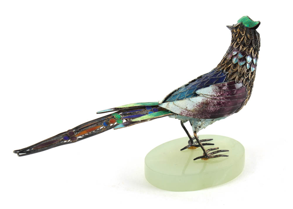 Antique Sterling Silver and Enamel Bird with Jade Insets and Base