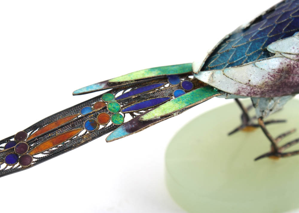 Antique Sterling Silver and Enamel Bird with Jade Insets and Base