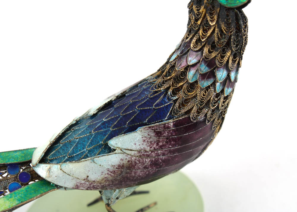 Antique Sterling Silver and Enamel Bird with Jade Insets and Base