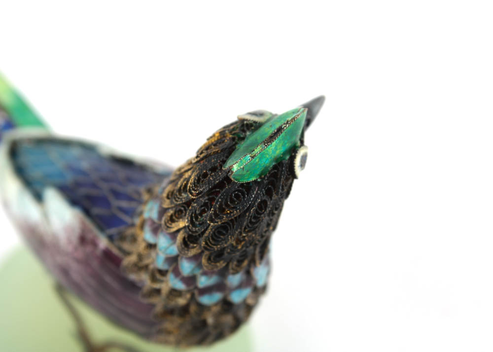Antique Sterling Silver and Enamel Bird with Jade Insets and Base
