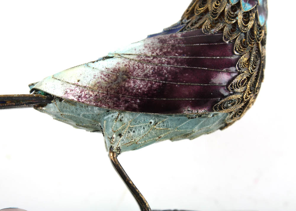 Antique Sterling Silver and Enamel Bird with Jade Insets and Base