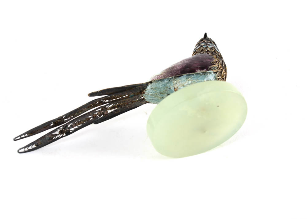 Antique Sterling Silver and Enamel Bird with Jade Insets and Base
