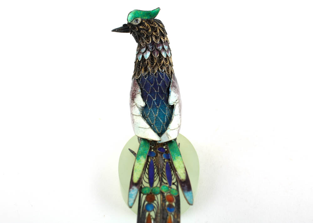 Antique Sterling Silver and Enamel Bird with Jade Insets and Base