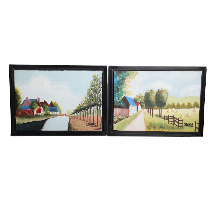 Pair of Laura Belanger French Country Theme Framed Oil Paintings on Canvas