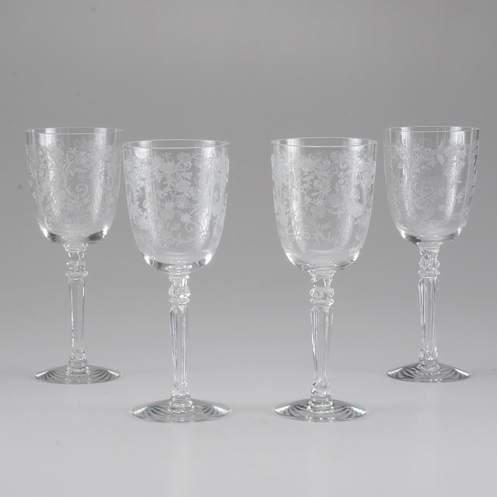 Four Etched Crystal Wine Glasses