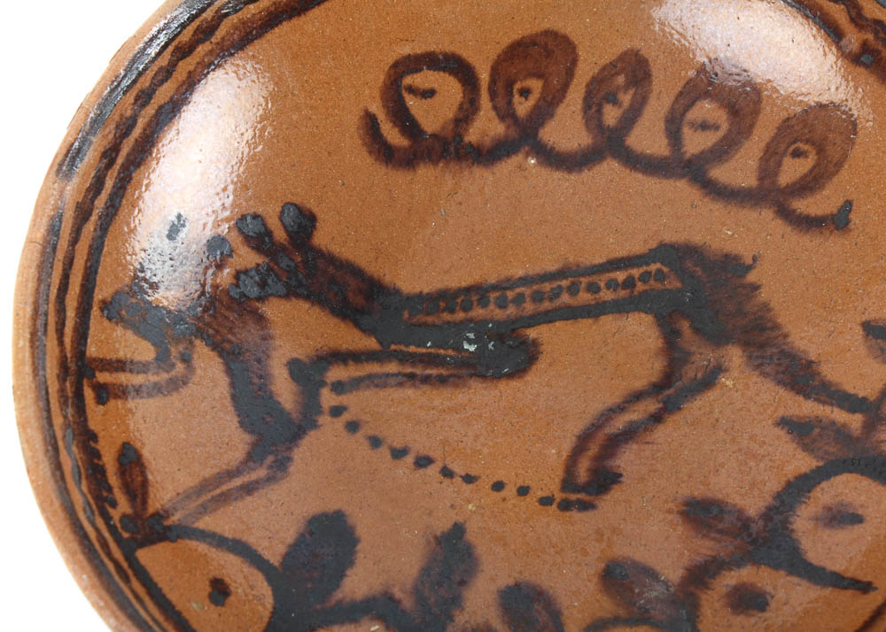 Hand Painted Redware Tin Glazed Bowl with Firing Marks