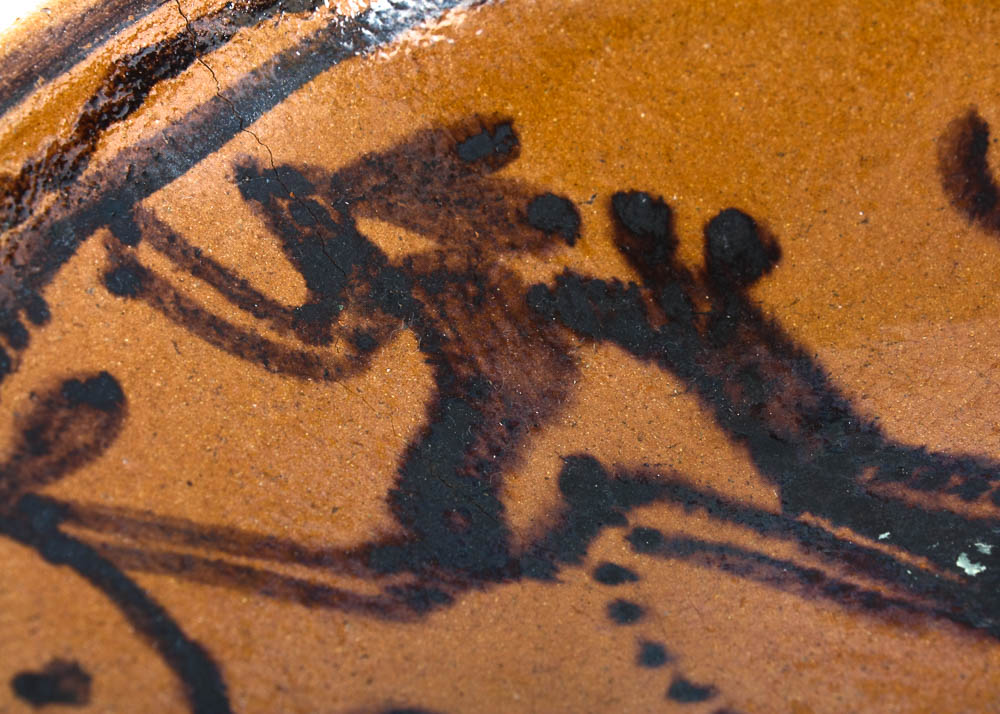 Hand Painted Redware Tin Glazed Bowl with Firing Marks