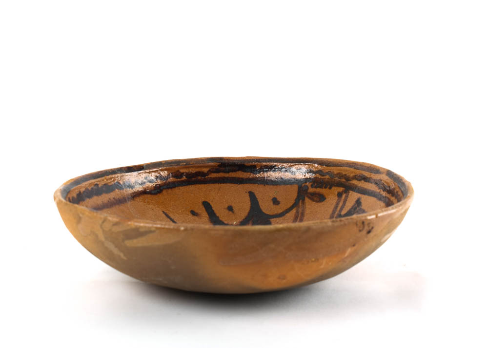 Hand Painted Redware Tin Glazed Bowl with Firing Marks