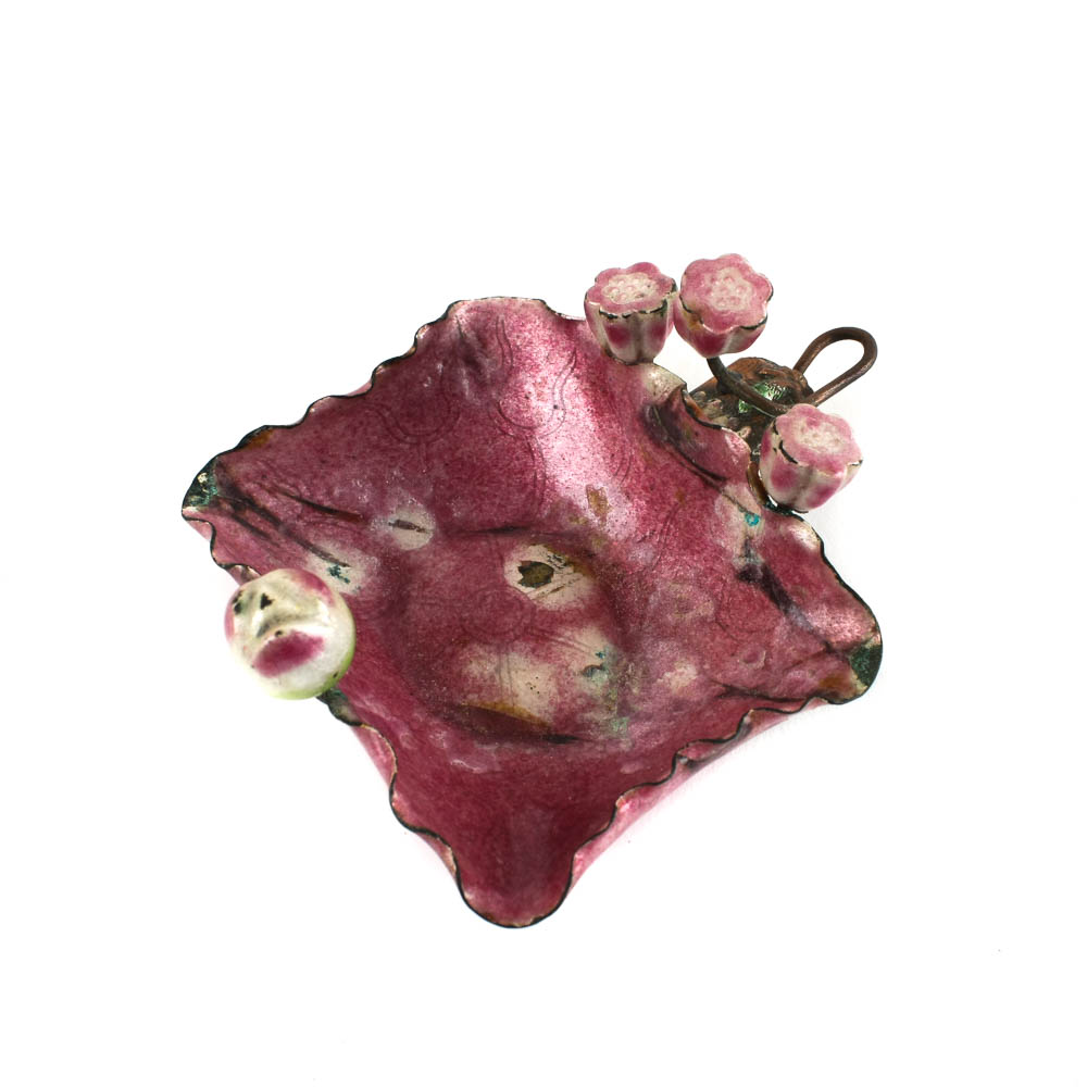 Antique Chinese Enamel and Copper Signed Footed Dish