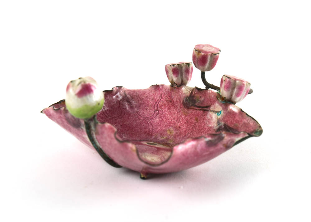 Antique Chinese Enamel and Copper Signed Footed Dish