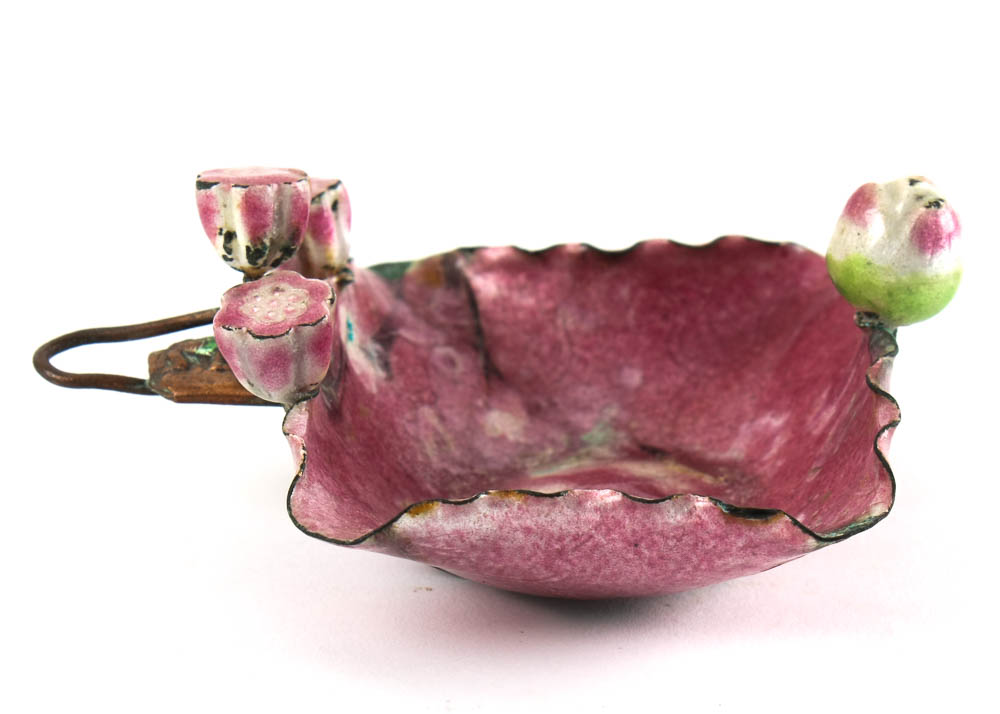 Antique Chinese Enamel and Copper Signed Footed Dish