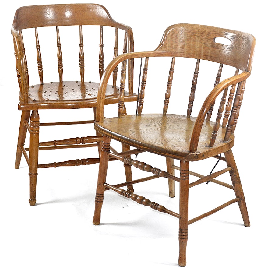 Pair of Vintage Oak Barrel Back Windsor Chairs