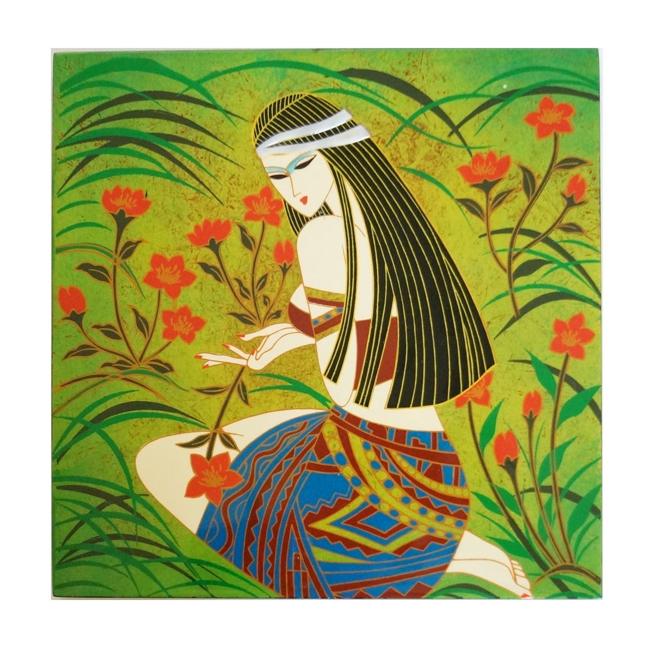 Vietnamese Lacquer Painting of a Woman in a Field