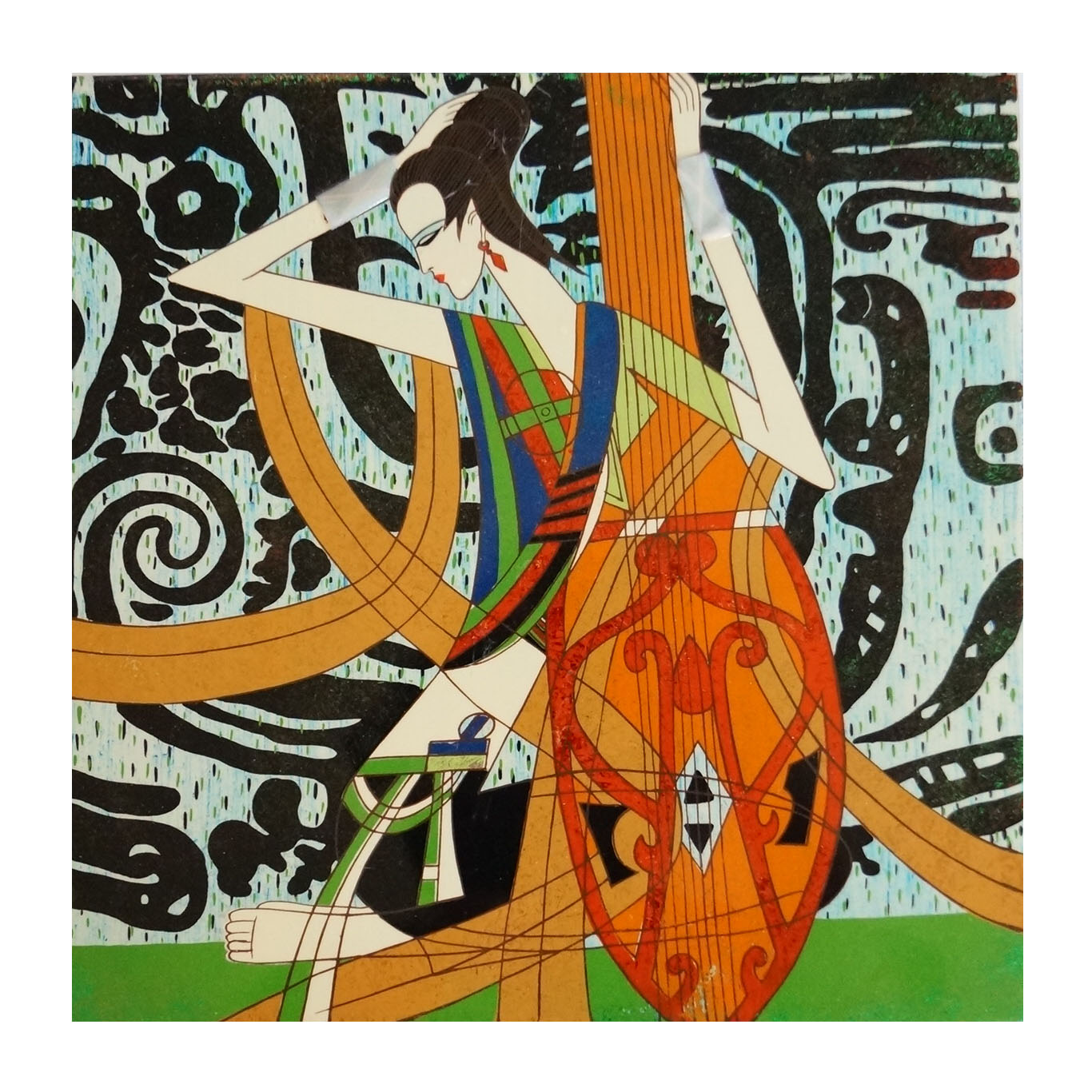 Vietnamese Lacquer Painting of Woman with Dan Ty Ba