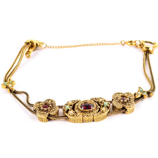 Gold Tone Bracelet With Burgundy and Green Stones
