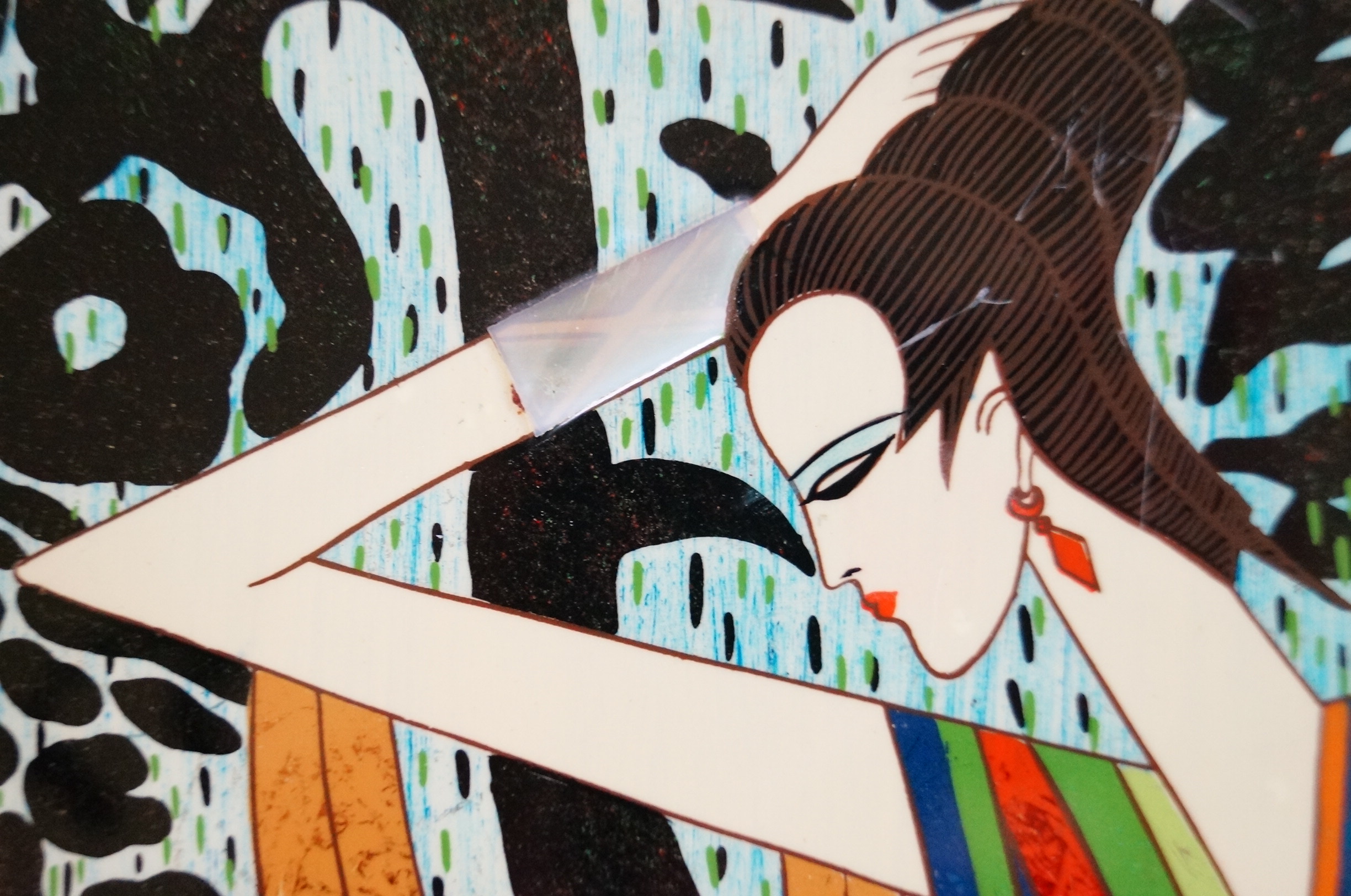 Vietnamese Lacquer Painting of Woman with Dan Ty Ba