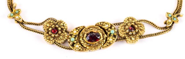 Gold Tone Bracelet With Burgundy and Green Stones