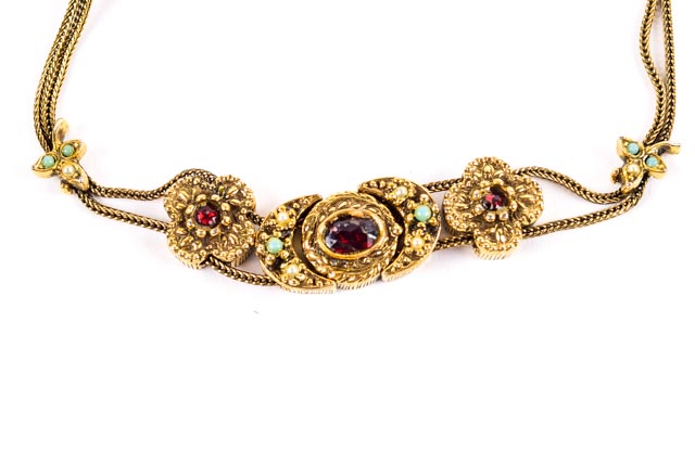 Gold Tone Bracelet With Burgundy and Green Stones