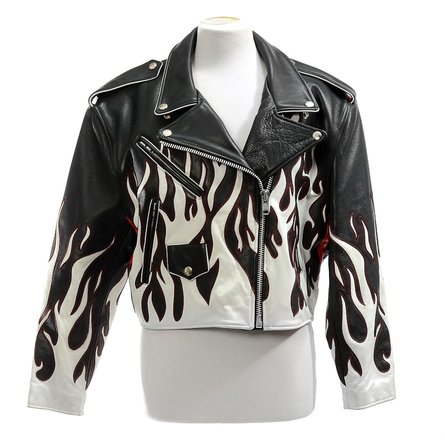 DBA Black and White Leather Motorcycle Jacket with Flames Accented in Red Stitching