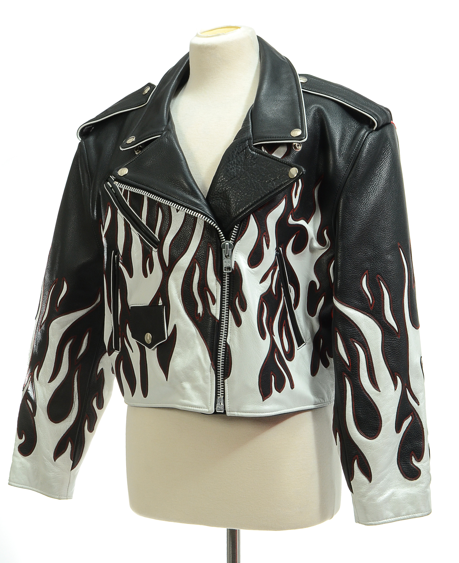 DBA Black and White Leather Motorcycle Jacket with Flames Accented in Red Stitching