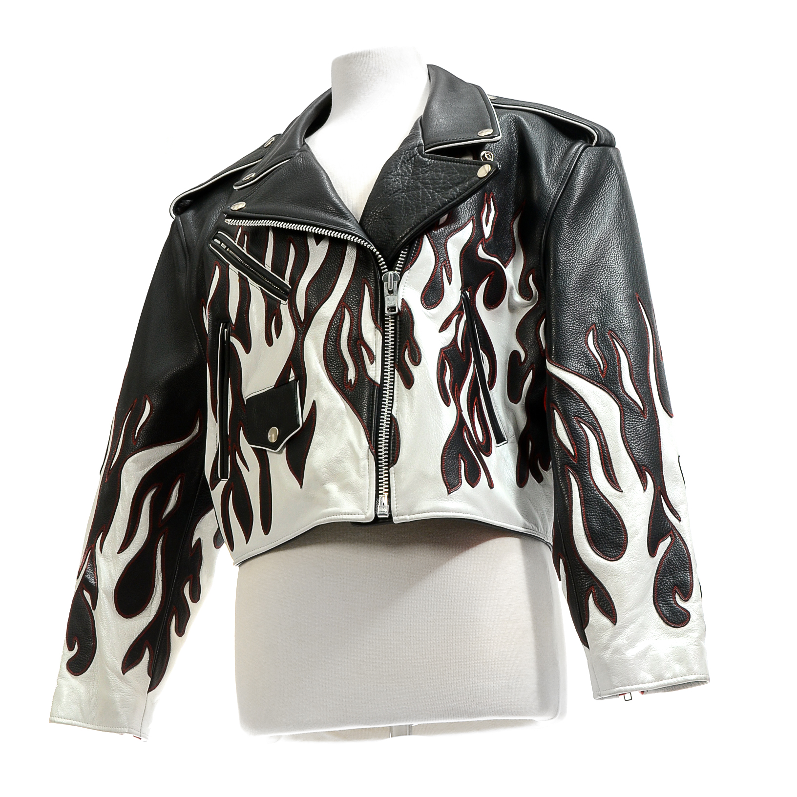 DBA Black and White Leather Motorcycle Jacket with Flames Accented in Red Stitching