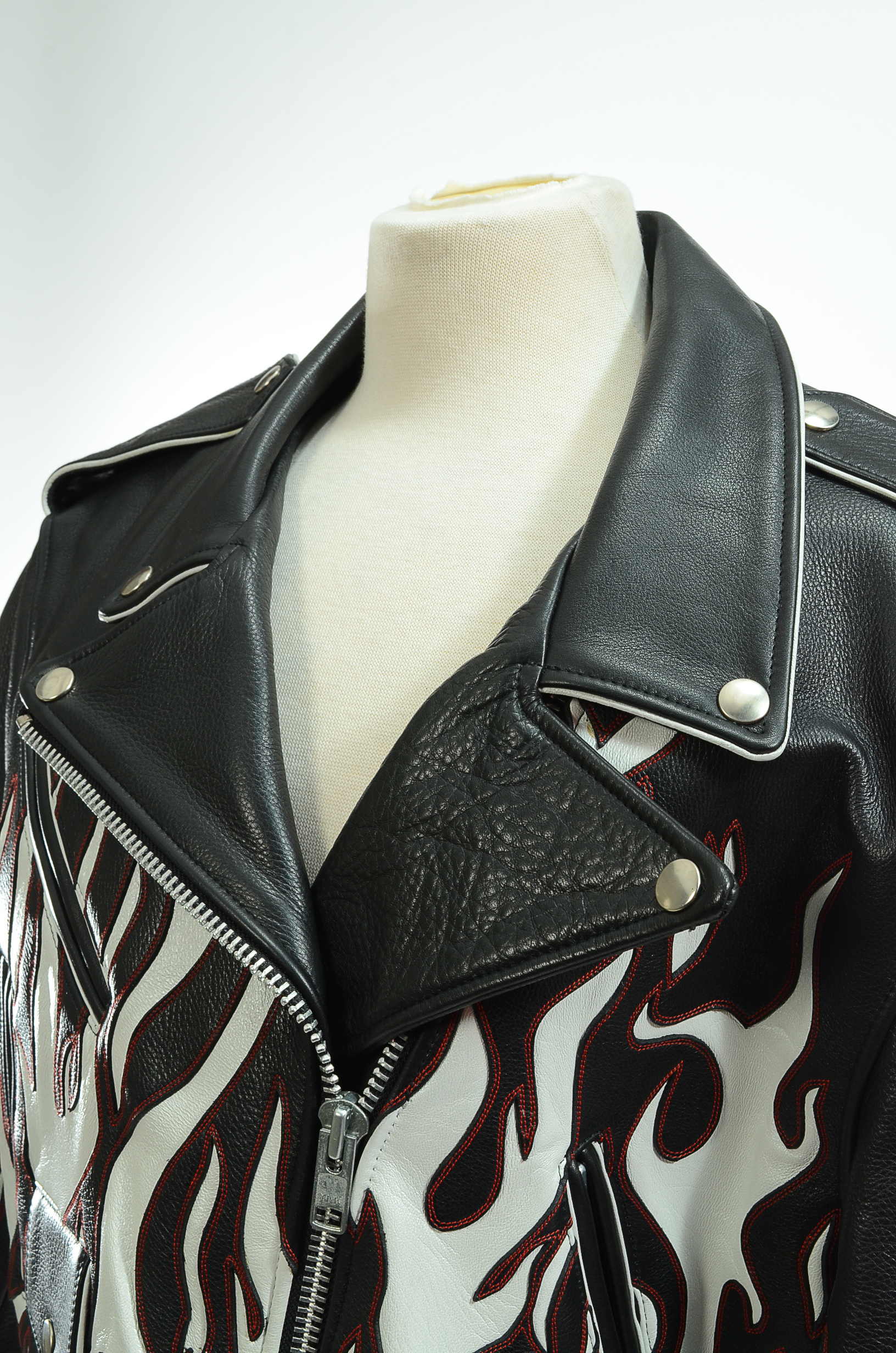 DBA Black and White Leather Motorcycle Jacket with Flames Accented in Red Stitching