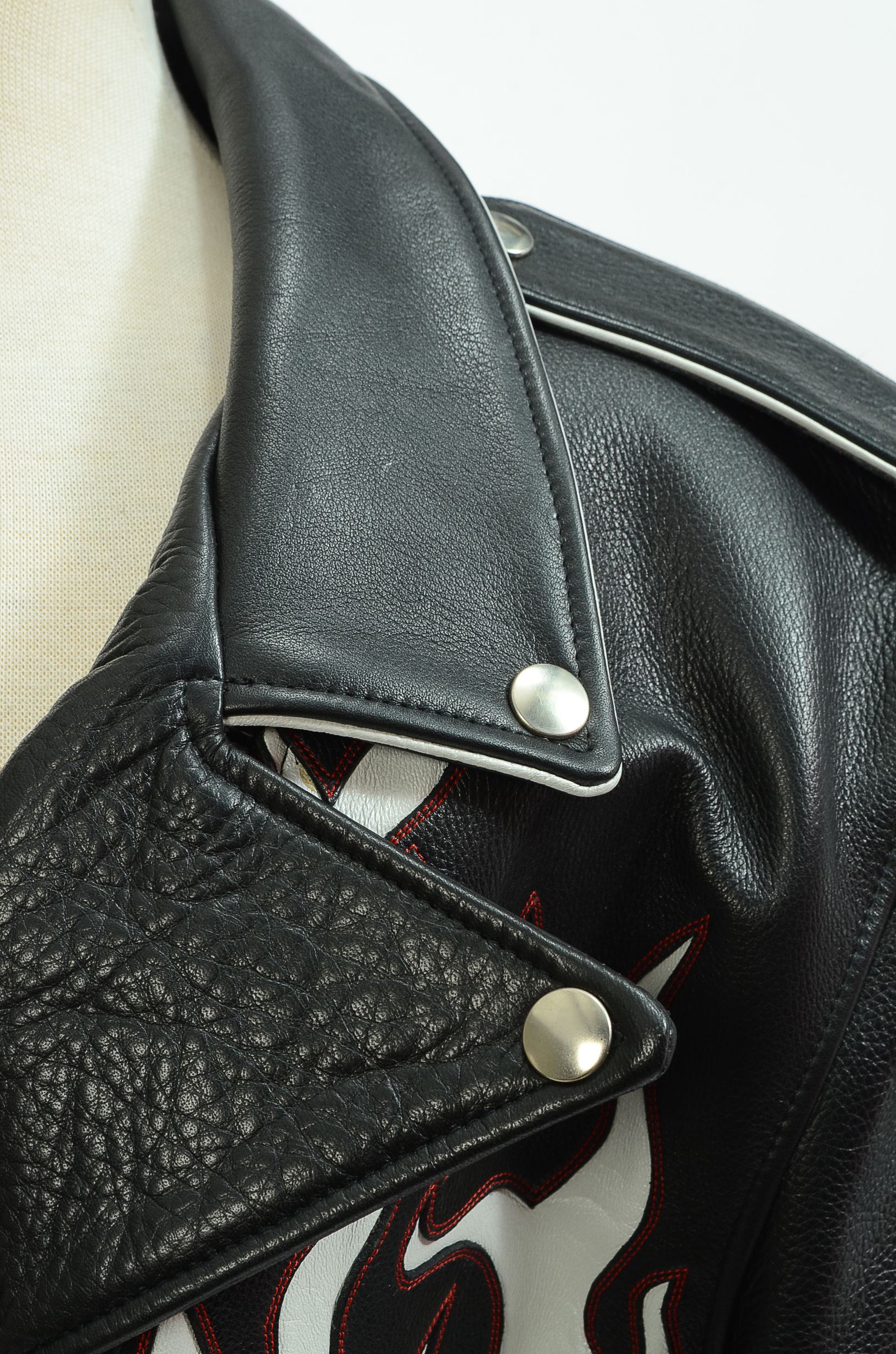 DBA Black and White Leather Motorcycle Jacket with Flames Accented in Red Stitching