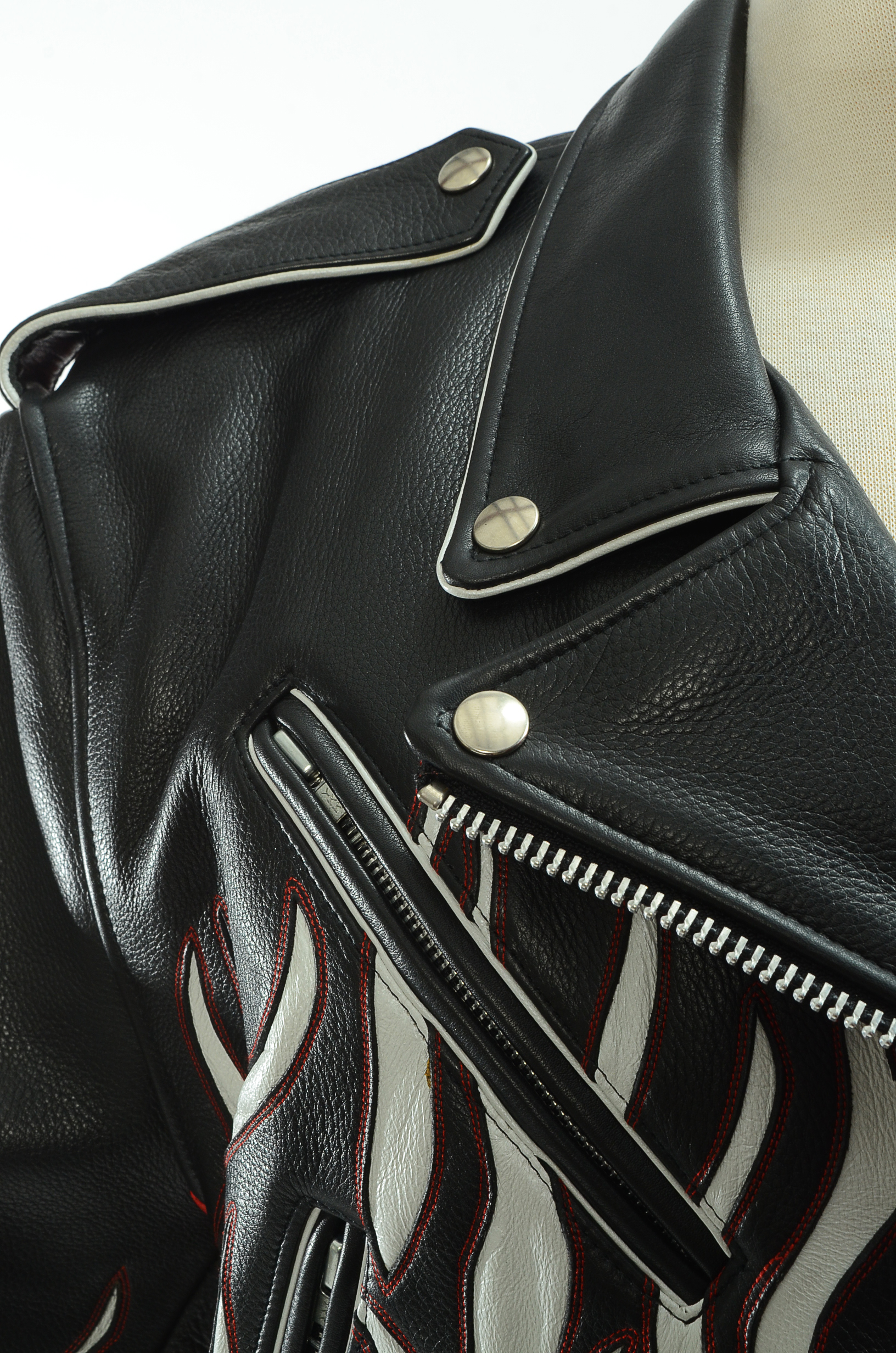 DBA Black and White Leather Motorcycle Jacket with Flames Accented in Red Stitching