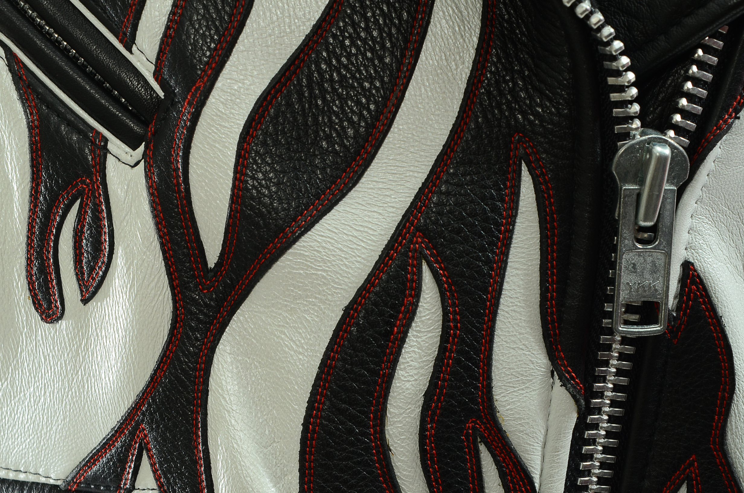 DBA Black and White Leather Motorcycle Jacket with Flames Accented in Red Stitching