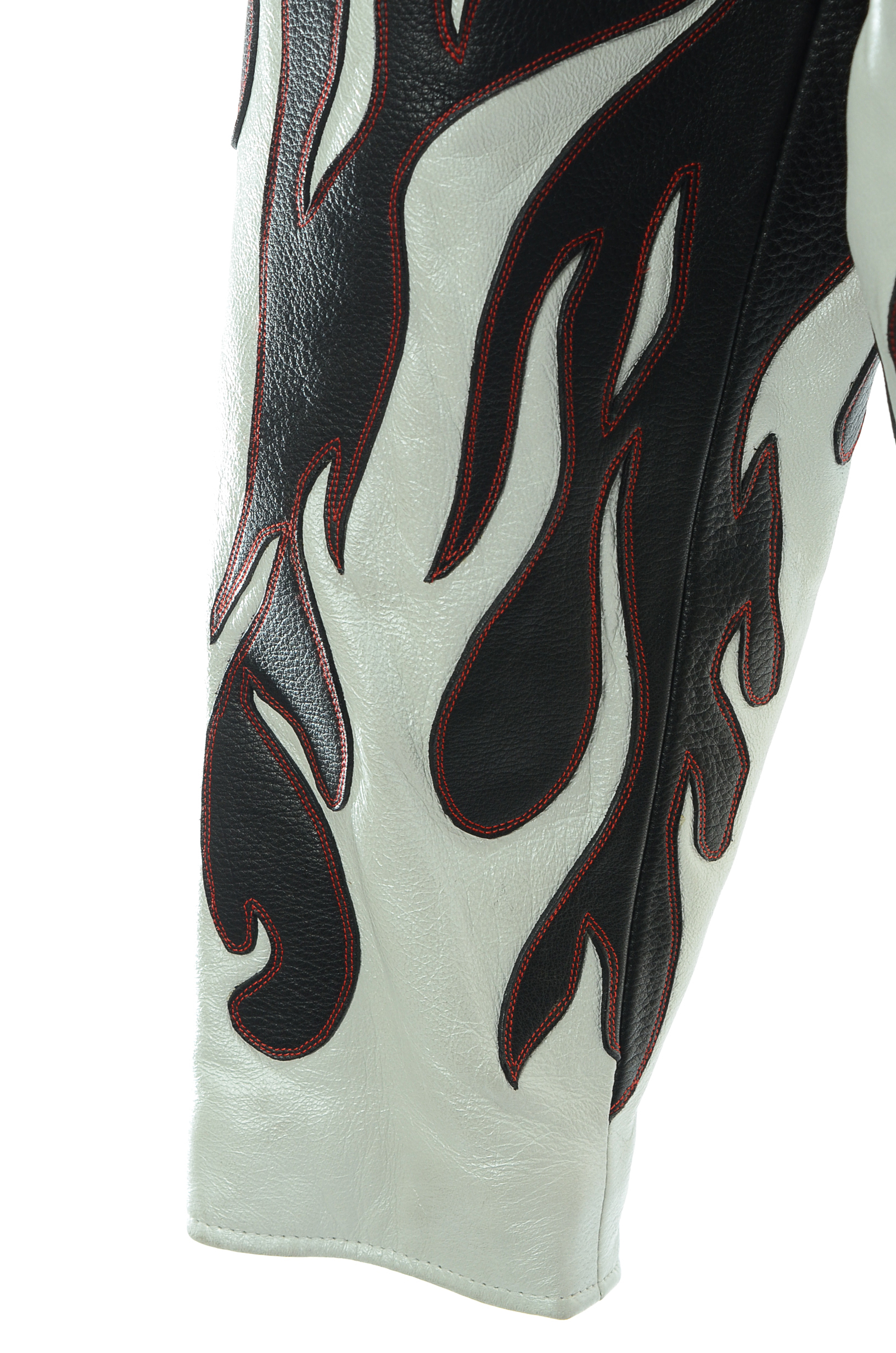 DBA Black and White Leather Motorcycle Jacket with Flames Accented in Red Stitching