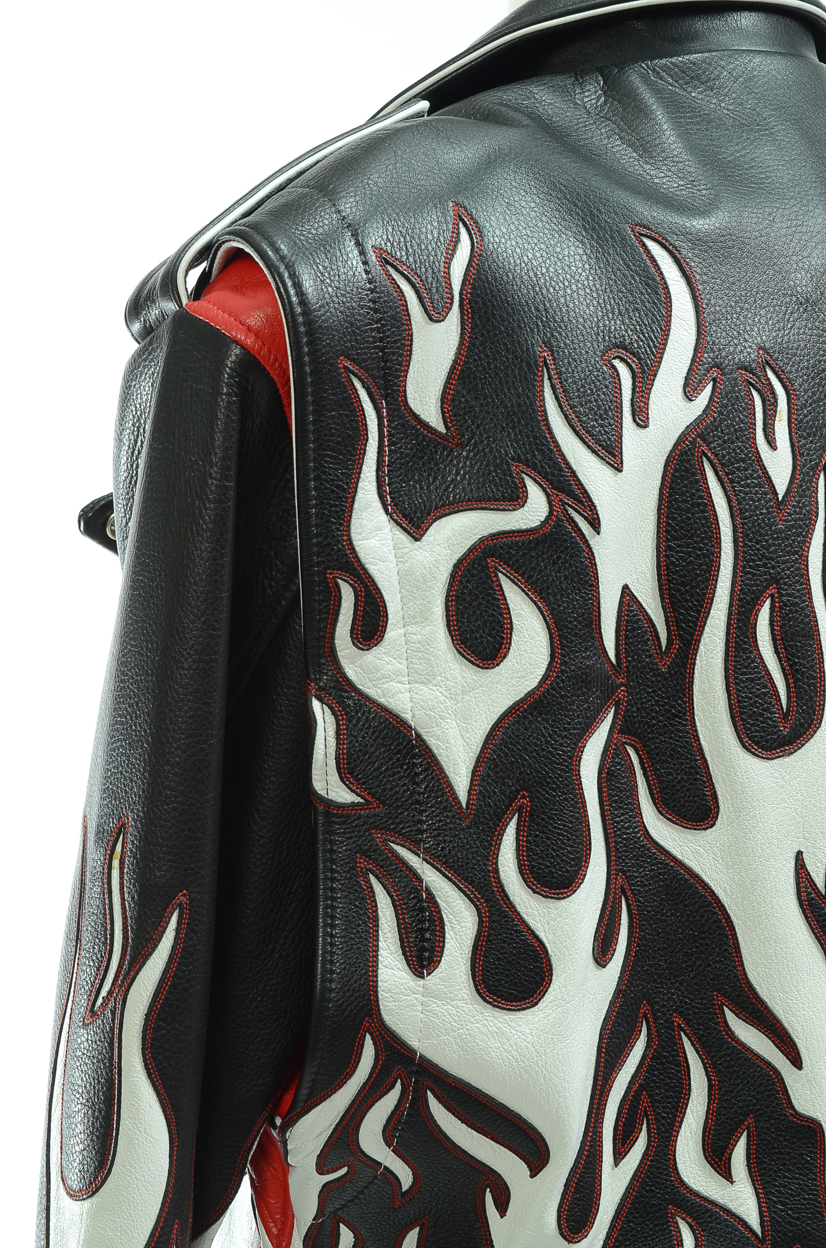 DBA Black and White Leather Motorcycle Jacket with Flames Accented in Red Stitching