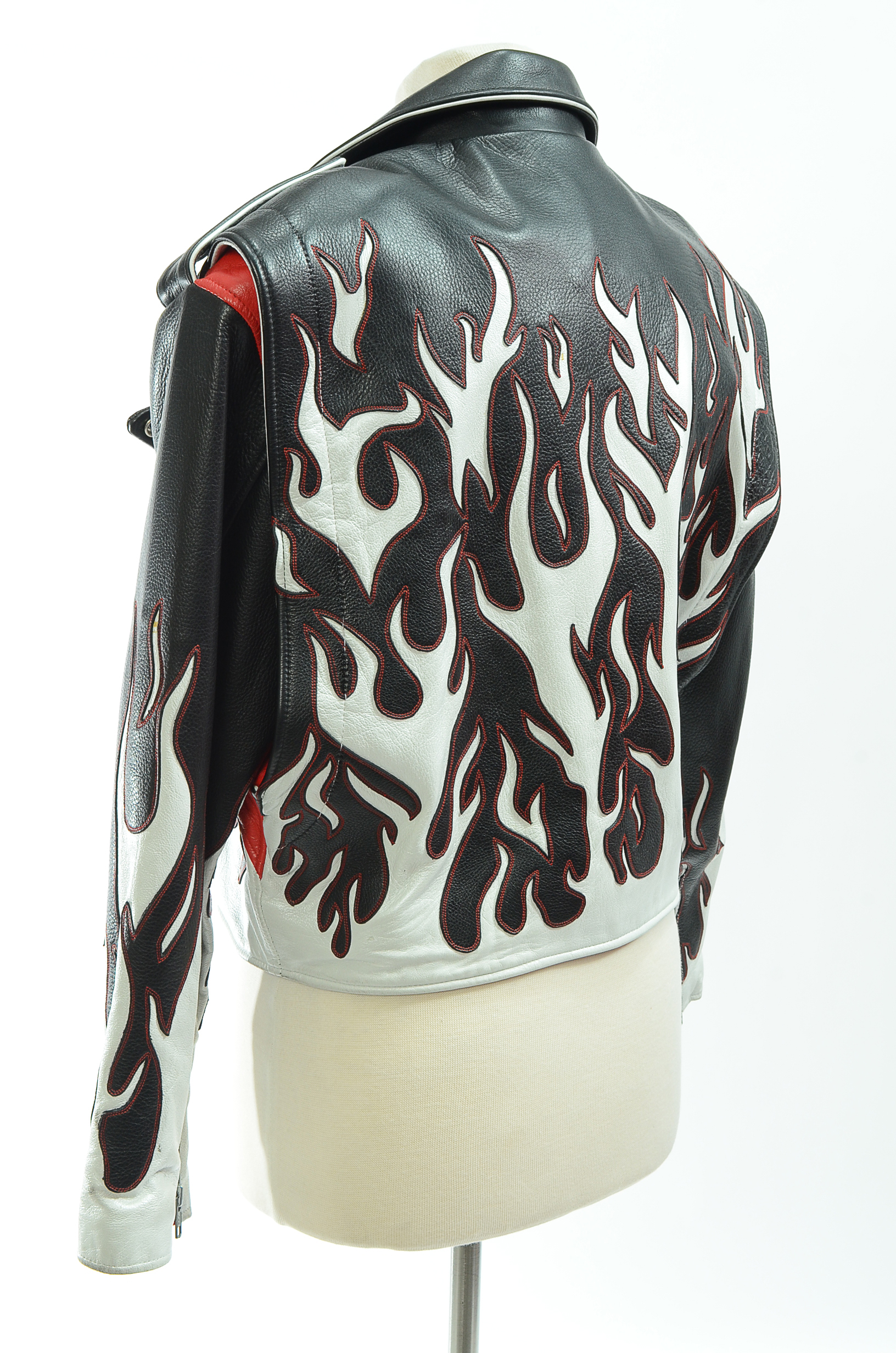 DBA Black and White Leather Motorcycle Jacket with Flames Accented in Red Stitching