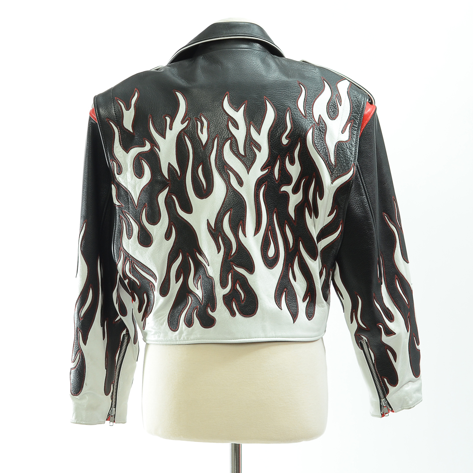 DBA Black and White Leather Motorcycle Jacket with Flames Accented in Red Stitching