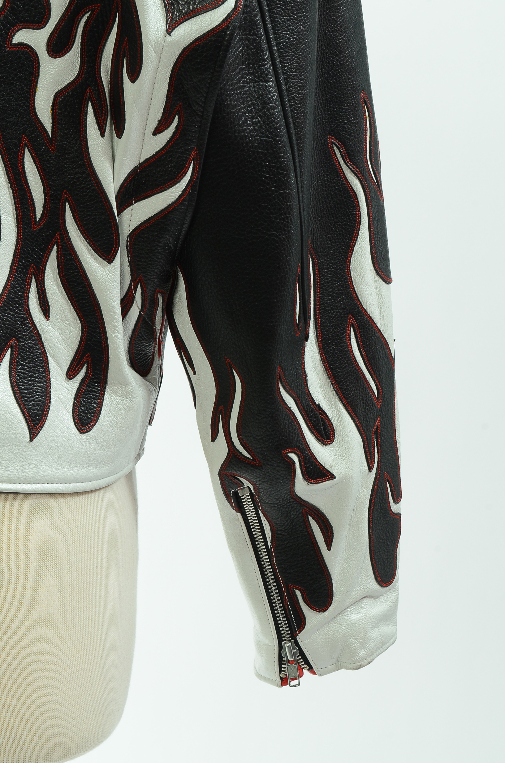 DBA Black and White Leather Motorcycle Jacket with Flames Accented in Red Stitching