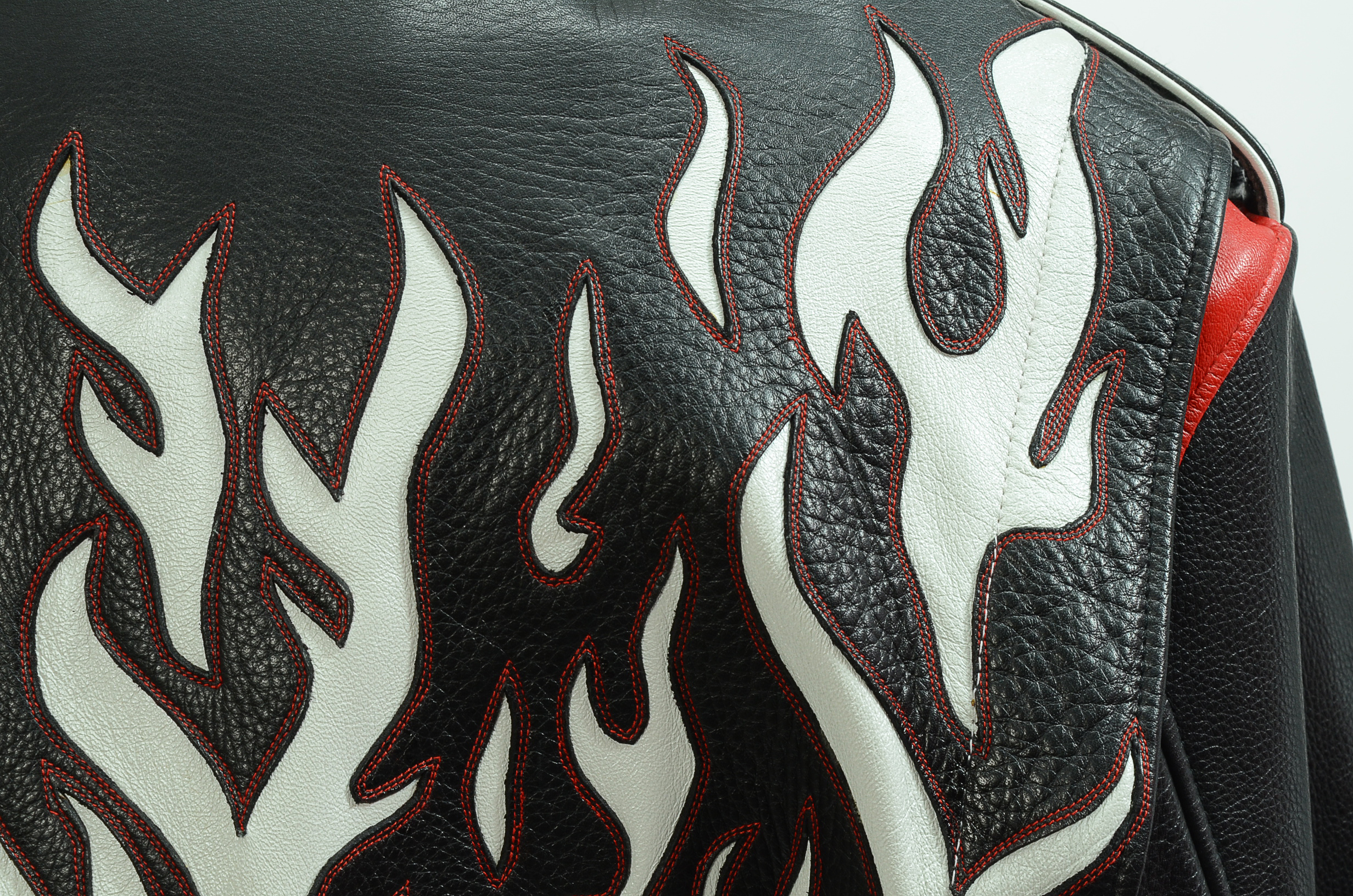 DBA Black and White Leather Motorcycle Jacket with Flames Accented in Red Stitching