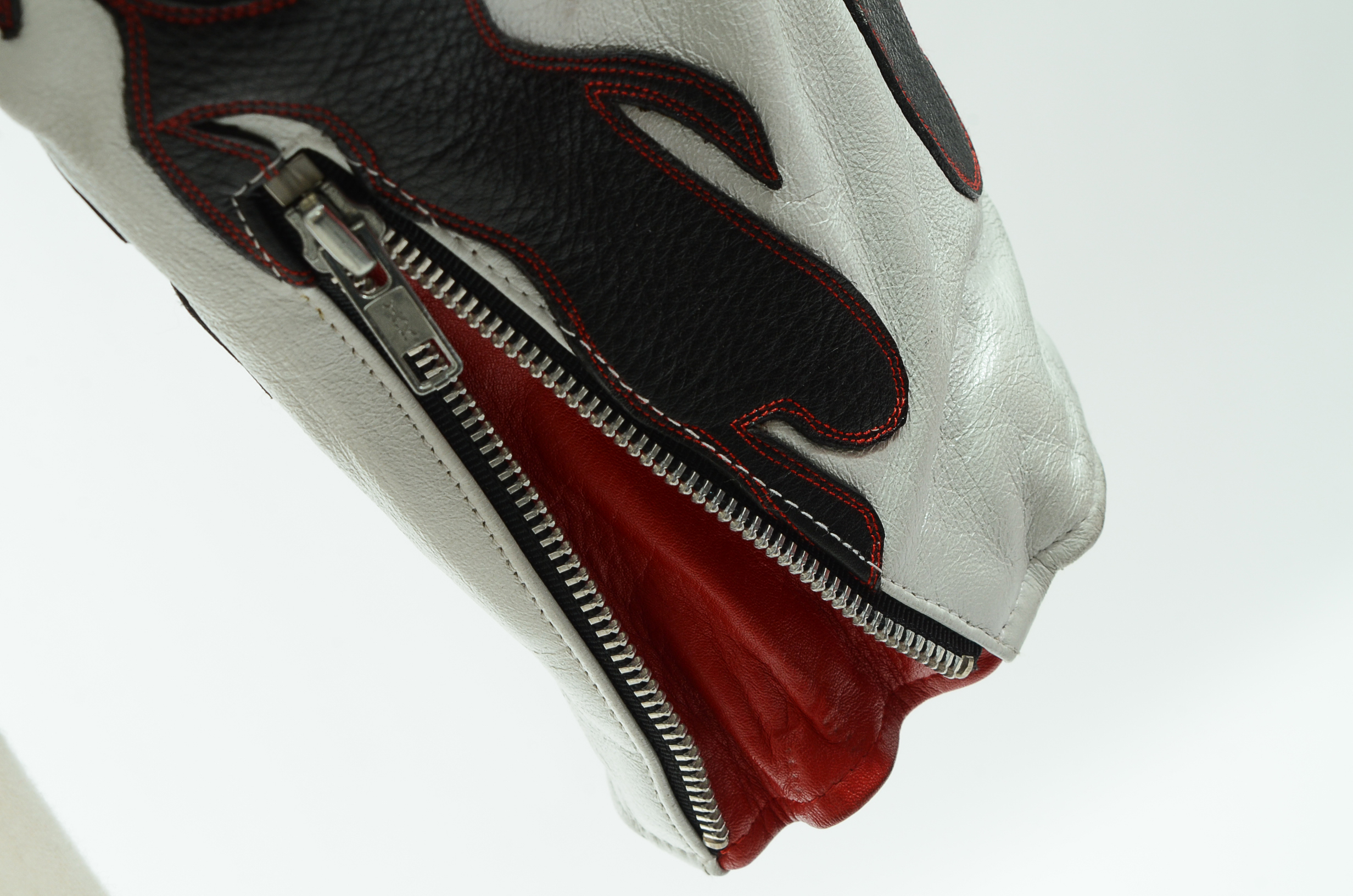 DBA Black and White Leather Motorcycle Jacket with Flames Accented in Red Stitching