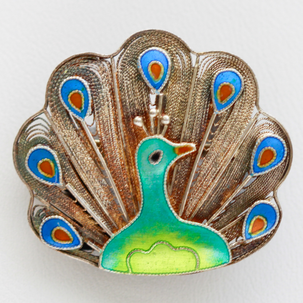 Vintage Sterling Silver Enamel Peacock Filigree Brooch