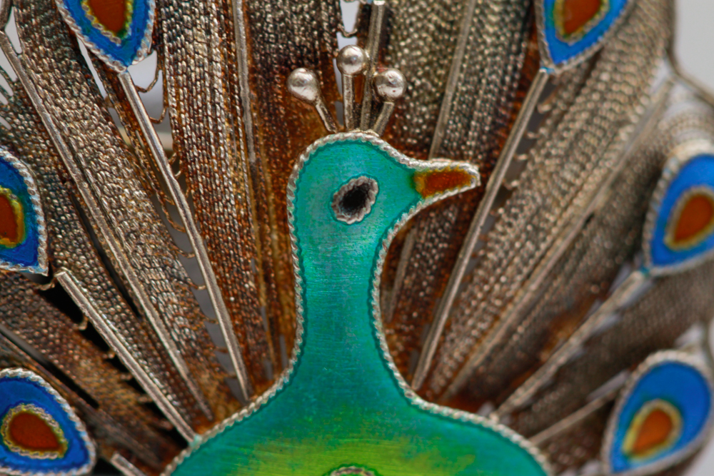 Vintage Sterling Silver Enamel Peacock Filigree Brooch
