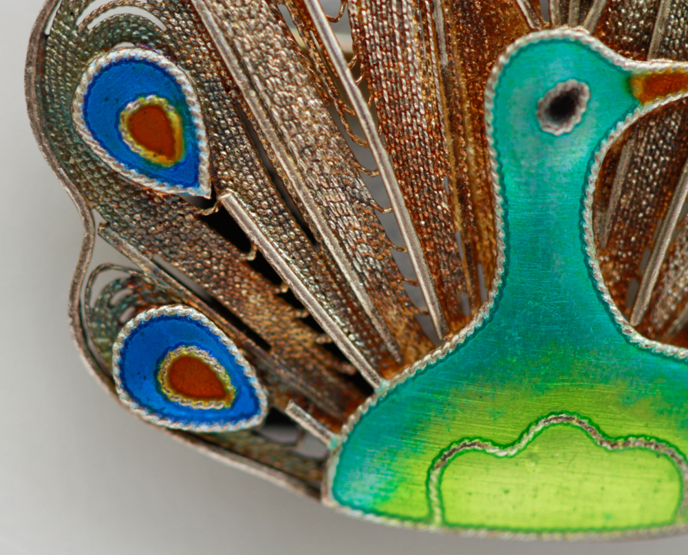 Vintage Sterling Silver Enamel Peacock Filigree Brooch