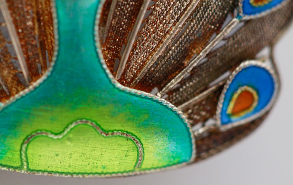 Vintage Sterling Silver Enamel Peacock Filigree Brooch