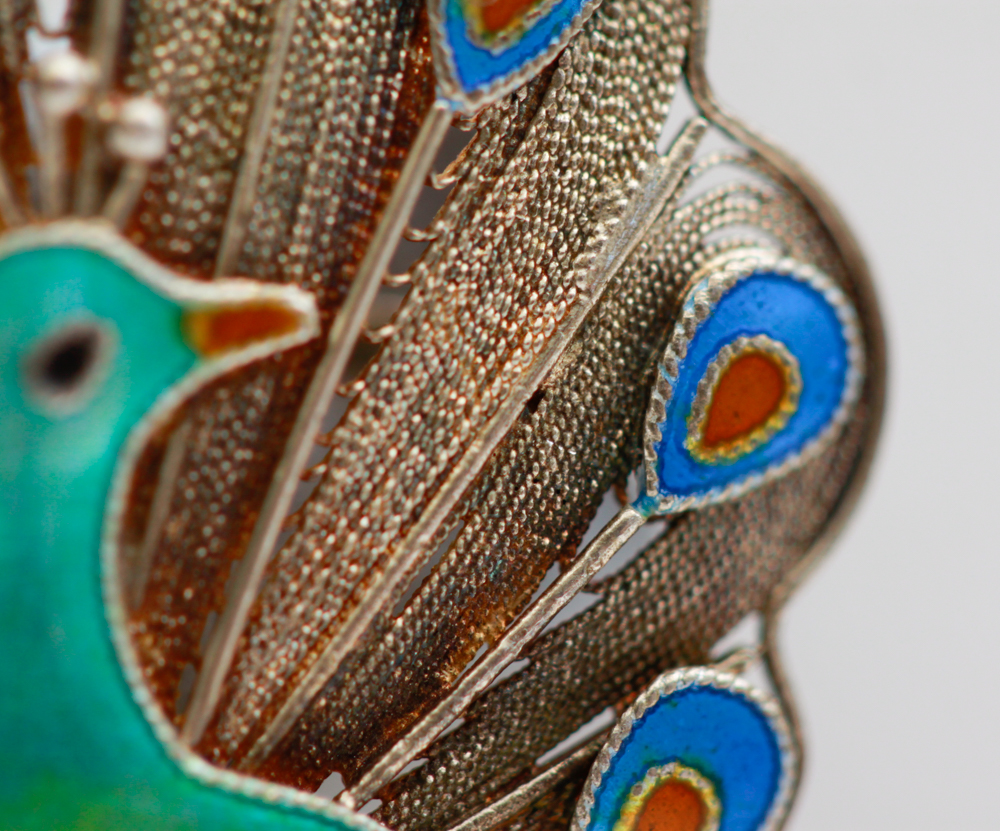 Vintage Sterling Silver Enamel Peacock Filigree Brooch