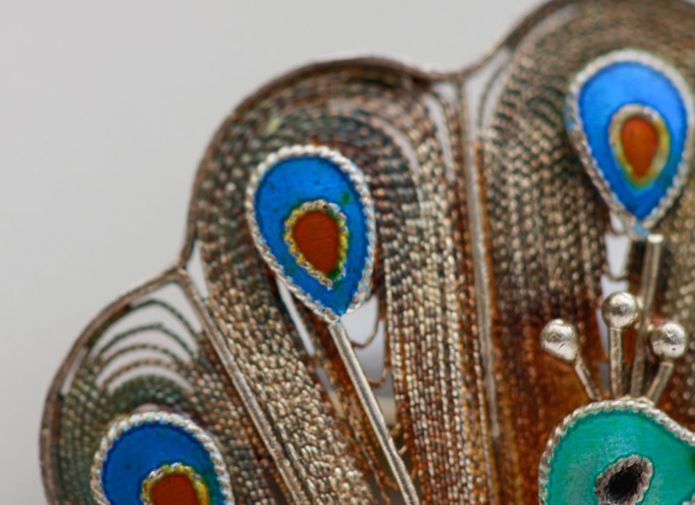 Vintage Sterling Silver Enamel Peacock Filigree Brooch
