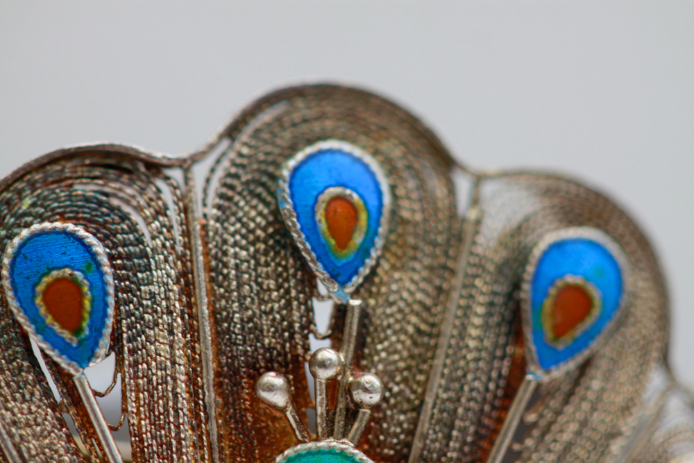 Vintage Sterling Silver Enamel Peacock Filigree Brooch