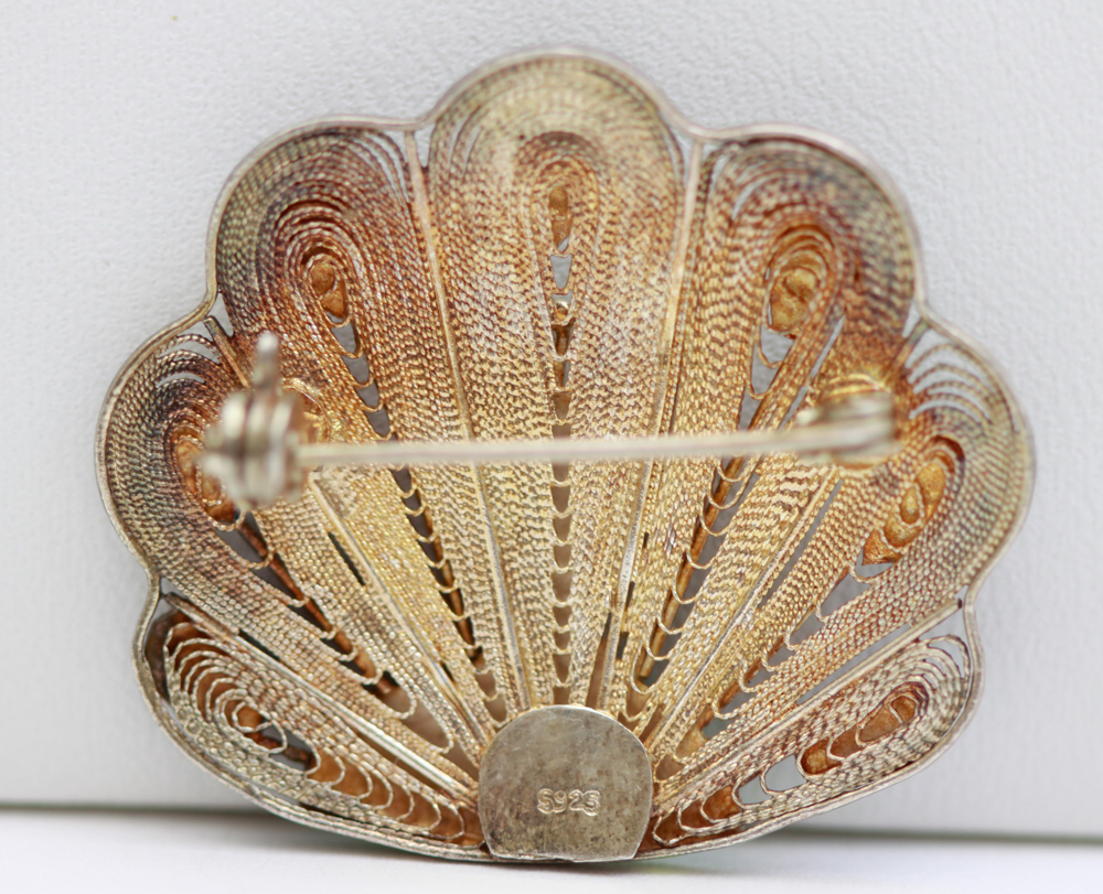 Vintage Sterling Silver Enamel Peacock Filigree Brooch